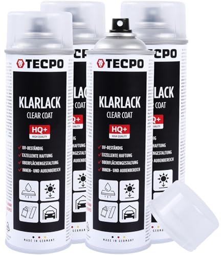 TECPO Acryllack Klarlack, 4x 500ml Sprühlack Spraydose Transparent zur dauerhaften Versieglung Schützen Fixieren für Hochglanz Deckschicht geeignet für Holz, Metall, Aluminium, Glas, Kunststoffe