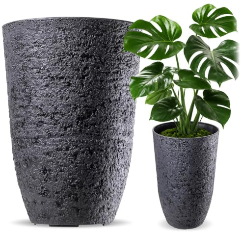KADAX Maceta de 35 cm de diámetro, 50 cm de altura, maceta grande, aspecto realista de piedra, de plástico, resistente a la intemperie, para jardín (negro)