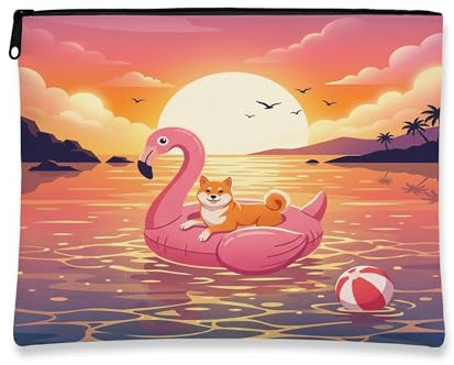 Funny Shiba Inu Dog Makeup Bag, Flamingos Lifebuoys Sea Cosmetic Travel Pouch for Women Girls, Portable Small Canvas Zipper Organizer, Pet Toiletry Bag 7x9 Inch