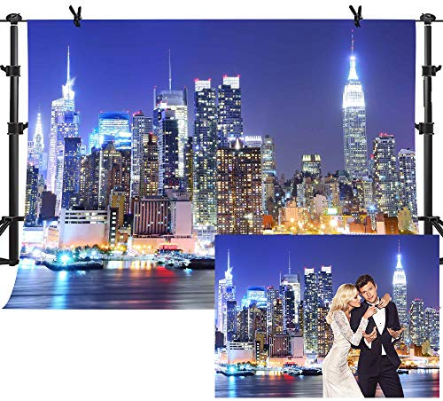MTMETY 10x7Ft New York City Backdrop Manhattan Night Scene Skyscraper Urban Light Background Video Studio Photo, Polyester, Clear, Wedding, 1xBackground (folding)