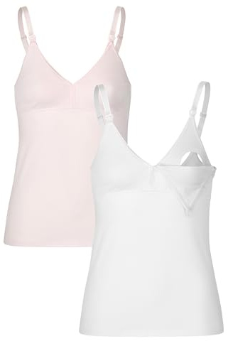 Herzmutter Canotta Allattamento Cotone - Oeko Tex 100 -Top Premaman Allamento - Reggiseno Integrato - Canottiere Allatamento – 5420 (L, Rosa/Bianco)