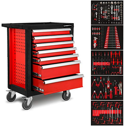 EBERTH Servante d'atelier, 167 pièces, 7 tiroirs, 5 remplis d'outils, Boîte à Outils à Double paroi en Acier, revêtement époxy Rouge, Roues pivotantes, Frein de stationnement, poignées ergonomiques