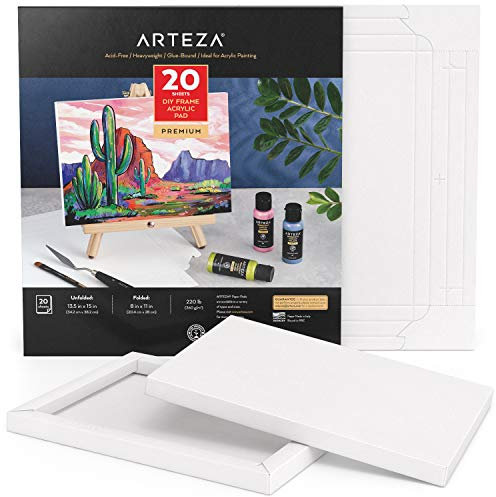 Arteza Faltbarer Acrylmalblock, DIY-Rahmen 20.4 x 28 cm, 20 Blatt, schweres Acrylpapier, 360 g/m², säurefrei, Art Block für Malerei und Kunst mit Mischtechniken