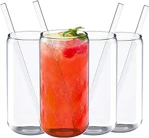Jucoan 500ml Can Shaped Glass Tumblers Set of 4 with Glass Straws, Retro Transparent Beer Glasses for Iced Coffee, Cocktails, Juice, Soda, Milkshake & Cold Drinks, Reusable Can Cups