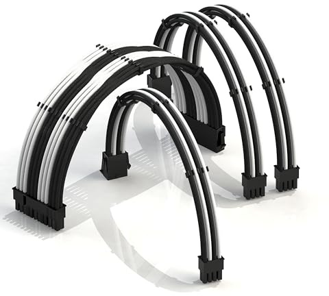 LINKUP - 50cm Super Soft and Flexible PSU Cable Extension Sleeved Custom Mod GPU PC Braided w/Comb Kit | 1 x 24 P (20+4) | 1 x 8 P (4+4) CPU | 2 x 8 P (6+2) GPU set | 500mm - BlackWhite