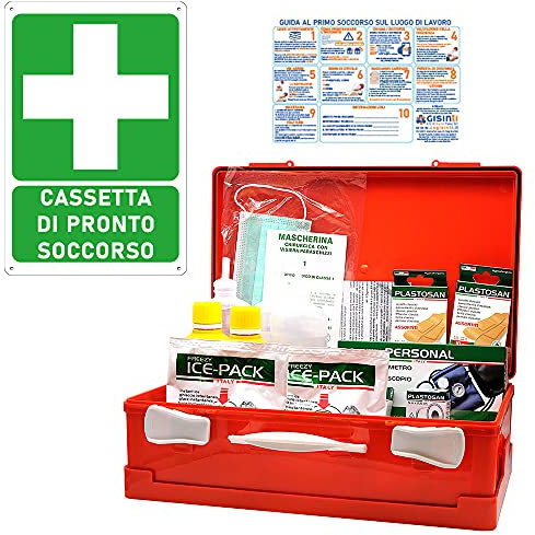 Gisinti Kit Cassetta Pronto Soccorso All.1 per Aziende con 3 o più Lavoratori Gruppo A e B + Cartello PVC 30x20 Cassetta Colore Arancio