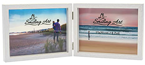 Smiling Art Marco de fotos para 2 fotos de madera, plegable, marco doble, madera MDM (Formato apaisado, 2 x 15 x 20 cm, Blanco)