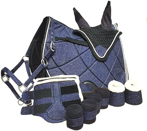 German Riding Perfect Match Schabracke Set Hufglocken Halfter Fliegenhaube Bandagen Gamaschen Glitzer Shetty Pony Cob Full (WB) (Full, Dunekelblau)
