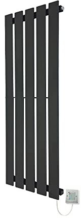 King Black Electric Vertical Radiator 850mm (h) x 360mm (w) - 300w Thermostatic Element (Pre-Filled)
