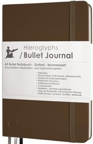 Hieroglyphs Bullet Journal A5 dotted - Hardcover Notizbuch mit 192 nummerierten Seiten, 100 g/m² Papier, 3 Lesezeichen, Gummibandverschluss & Anleitung auf Deutsch, Braun