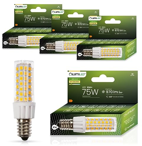 Lumiled LED Lampen E14 T25 4er Set Leuchtmittel 10W (ersetzt 75W Leuchtmittel) 3000K Warmweiß 970lm 320° Lichtwinkel 230V Kühlschranklampe Glühbirne Kühlschrank Backofen Haube