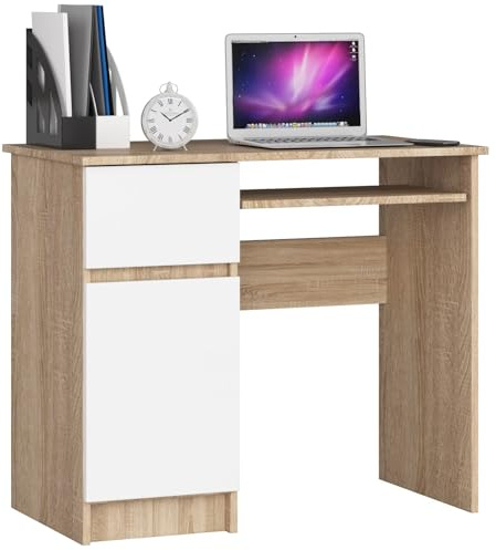 AKORD Piksel Schreibtisch Klein mit Schubladen | Computertisch | Bürotisch mit Tastaturablage | Schublade und Fach mit Tür | Holz Deko | B90 x H77 x T50 cm 30 kg | Schrank Links | Sonoma-Eiche/Weiß