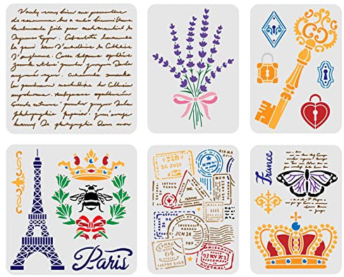 FINGERINSPIRE 6 Stück Französische Schreibstempel Malschablone 2 Größen Eiffelturm/Vintage Schlüssel/Krone/Biene/French Label/Schmetterling/Blumenstrauß Zeichnungsschablone für Wand Holz Möbel Stoff