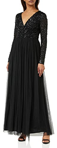 Maya Deluxe Robe de Soirée Femme Maxi, Robe de Soirée Manches Longues, Robe Cérémonie Femme pour Mariage, Bal de Promo, Noir, 44