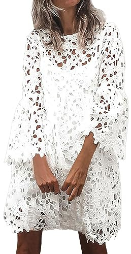 Robes en Dentelle Femêle FêTe Mariage Manches 3/4 Boho ImpriméE à EmpièCements Col V Casual ÉVaséE Swing Robe De Plage VilléGiature