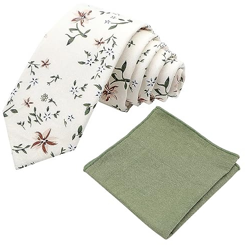 DB Dickie Bow Herren-Krawatte und Einstecktuch mit Blumenmuster, Baumwolle, schmal, Set, Cremefarben, pfirsichfarben und grün, Tie Length: 145cm. Pocket Square: 23cm x 23cm