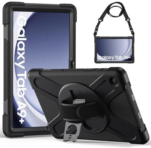 Gerutek Cover per Samsung Galaxy Tab A9+/A9 Plus 11 Pollici 2023, SM-X210/X216/X218 Custodia Robusta con Supporto Cavalletto 360°/Cinghia a Mano/Spalla/Portapenne per Galaxy Tab A9+, Nero