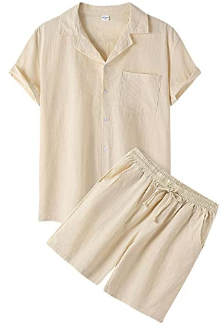 Zweiteiler Herren Leinenanzug Sommer Freizeitanzug Einfarbig 2-teilig Kurzarm Button Up Hemd und Shorts Beach Shirt Kurze Hose Set 2026 Manner Leinen Anzug