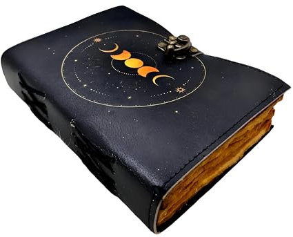Magic Spell Book of Shadows - Handmade Leather Witchcraft Journal with Celtic Cat, Mushrooms, Skull & Sun Design - 200 Pages Vintage Deckle Edge Paper Grimoire, Witchy Wicca Notebook, Spell Book