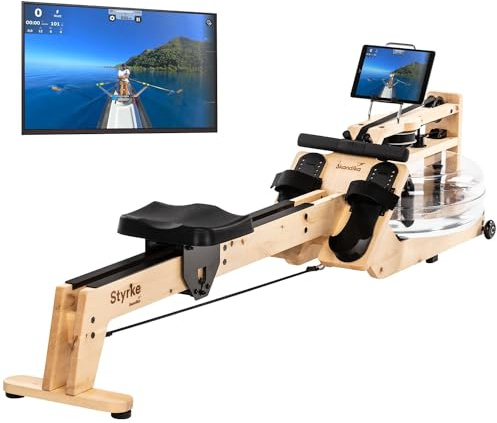 Skandika Wasserrudergerät Styrke Premium | Made in Germany, Rudergerät Wasser aus Holz, Kinomap App-Funktion, Rudermaschine für Zuhause, naturnahes Rudern, bis 180 kg
