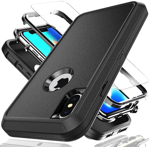 YmhxcY for iPhone XS Case iPhone X Case 5.8-Inch with Explosion-Proof Screen Protector,3 in 1 Shockproof TPU Hard PC Bumper Drop-Proof Shell for iPhone XS/X-Black