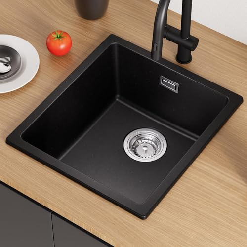 CECIPA Spülbecken Schwarz Granit ohne Wasserhahn, 40*44*20cm Küchenspüle Schwarz, Spüle Küche, Moderne Granitspüle, Einbauspüle Rechteckig, Waschbecken Küche ab 40er, Spülbecken Küche Klein, 1 Becken