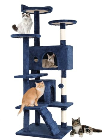 FDW Arbre à Chat Hauteur 178 cm Tour de Jeux pour Chat avec 2 Niches 3 Plateformes 2 Boules en Sisal Arbre à Grimper Multi-Niveaux Idéal pour 3-4 Chats Gris Bleu Marine