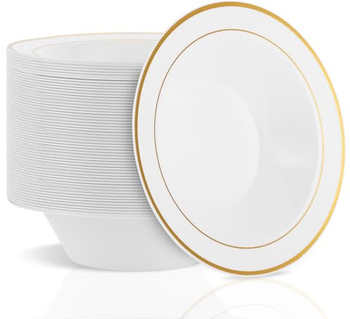 AKOLAFE 40 cuencos de plástico blancos con borde dorado, platos soperos de plástico, 350 ml, cuencos para sopa, cuencos reutilizables de plástico para fiestas, bodas, cumpleaños, Navidad, Pascua
