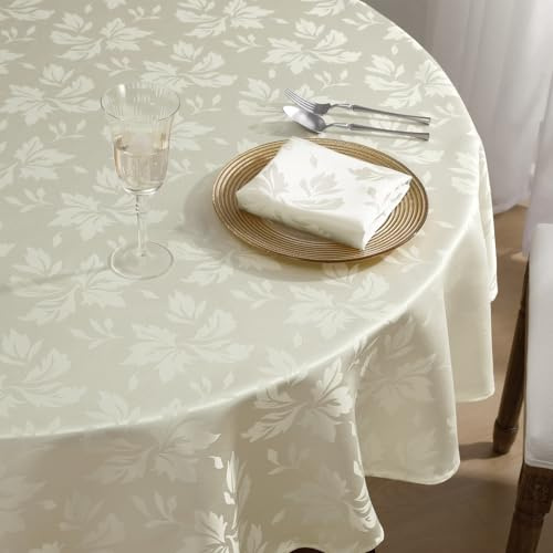 Romanstile Tischdecke rund 140 cm Creme Outdoor abwaschbar Luxuriös Jacquard Blumen wasserabweisend Tischtuch Tafeltuch Table Cloth für Esstisch,Party,Ostern,Hochzeit,Küche,Garten,Frühling,Sommer