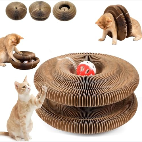 Flexiplay – 2in1 Kratz- Und Spielring, kratzkokon, katzenwirbel katzenliebling, fangbox katzen,katzenkringel, Kitty Kurlz, Kitty Kurlz Cats Toy, Foldable Accordion Cat Toy, with Bell Balls and Track