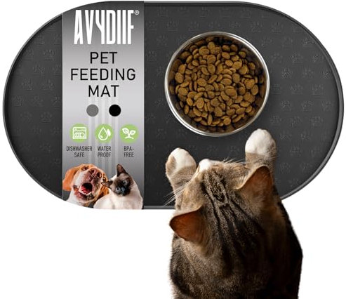 AVYDIIF Napfunterlage Hund Katzen, rutschfeste Futtermatte Silikon für Hundenapf Katzennapf, 100% wasserdichte Haustierfutter Matte mit Erhöhten Rändern, Spülmaschinenfest (Schwarz, M: 48 * 30cm)