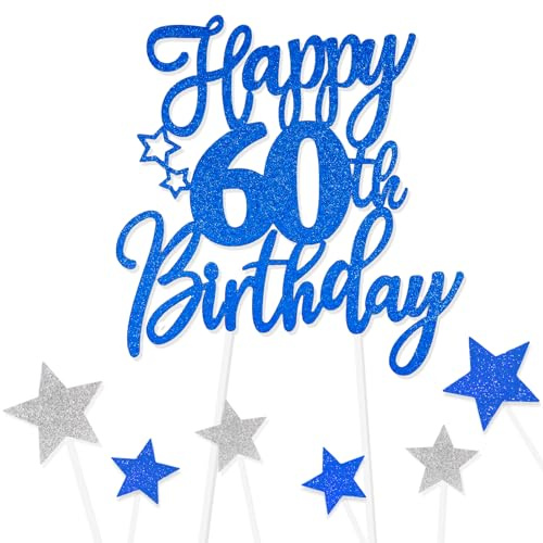 Royal Blue Happy 60th Birthday Cake Toppers for Cake,Personalised Cake Toppers for Boy Men Girl Women Decorations,Glitter Cupcake Topper Cake Topper Kit 60th Birthday Party Cake Decoration Supplies