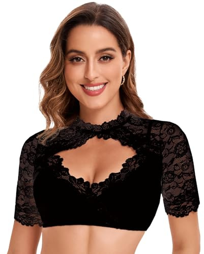 Goxozzy Dirndl blus dam, Dirndl blus, Dirndlblus spets, Dirndlblus, unik brösturringning kortärmad Dirndlblus, svart, 36