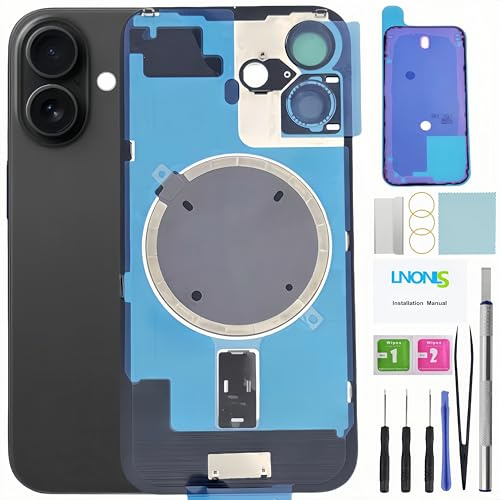 LNONLS Verre arrière de Rechange pour iPhone 16 avec Cadre étanche et Objectif d'appareil Photo + kit d'outils de réparation Professionnel (Noir)
