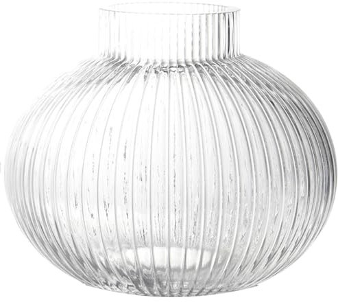 KAYLETIN Round Glass Vase, Flower Vases for Tulips, Ribbed Glass Vases for Flowers, Cute Clear Vase for Living Room, Dining Table, Office, Coffee Table, Mantal, Wedding, 16CM