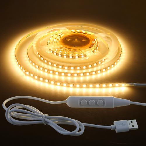 Aclorol LED Band 2M 5V USB Dimmbar LED Streifen Warmweiß 3000K, 5mm Breit | Lichtleiste Selbstklebend, 120 LEDs/m, 1,5m USB-Kabellänge für TV Hintergrundbeleuchtung Schlafzimmer Treppen Deko, CRI85+