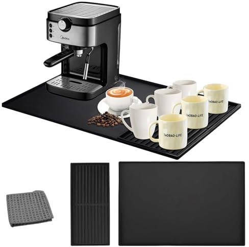 Anseom Silicone Coffee Maker Mat with Towel Large Coffee Machine Mat 40.5x61cm and Tableware Drying Mat 19x40cm Silicone Coffee Mat with Raised Edges
