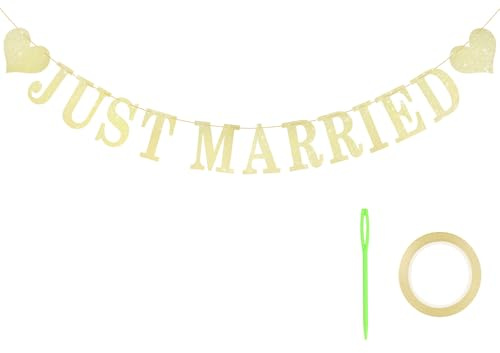 NISENTIA Just Married Girlande, Just Married Deko Banner Schild Wimpel Wimpelkette Hochzeit Girlande Hochzeitsgirlande Hochzeitsbanner Wedding Decorations Gold Glitzer Autodekoration zum Aufhängen