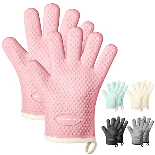 MAD SHARK Silicone Oven Mitts Heat Resistant 450°F,Waterproof & Non-Slip Oven Gloves with Fingers,Cotton Lined Silicone Oven Gloves Kitchen Mitts for Baking Cooking Barbecue,Women (Pink)
