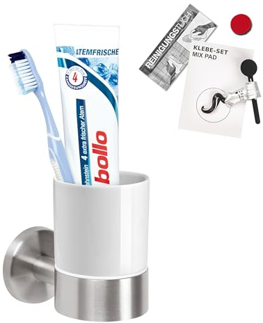 bremermann Bad-Serie Piazza - Portavasos, portavasos, incluye adhesivo y soporte de pared, soporte para cepillo de dientes de cerámica blanca y acero inoxidable mate