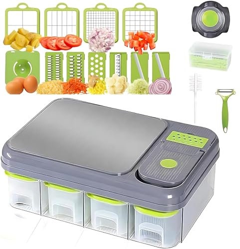 LXJBBD Cortador de verduras multifuncional y cortador de mandolina con 11 cuchillas, tabla de cortar integrada, picador de alimentos para patatas y pepinos, rallador de queso