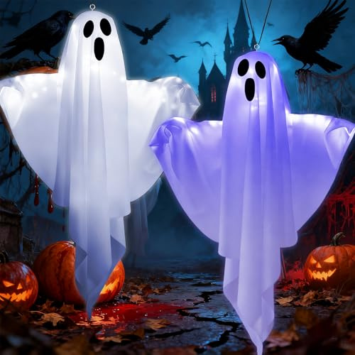 2 Stück Halloween Deko Geister LED,50×40cm Halloween Deko Outdoor Garten Windsäcke Geist,Aufhängen Geister Hängende Anhänger mit Licht,Fantasma Decoracion,Gruselige Windsack Hängende Dekoration