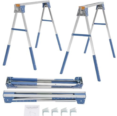 Folding Saw Horses 2Pcs Foldable Work Trestle Stands Workbench Adjustable Height Sawing Bench Power Tools Twin Pack Metal Sawhorse-Load 2645 lbs, 75*18cm for Warehouses, Factories, Workspaces (Blue)