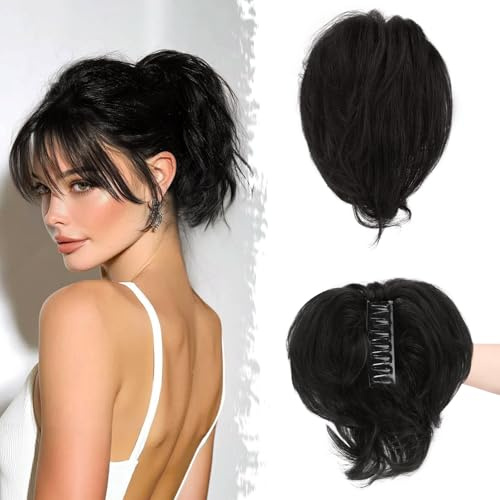 BARSDAR Corto Capelli Veri Coda di Cavallo Extension con Flessibili Metalli, DIY Stili 20cm Clip Artigli Capelli Veri Messy Chignon Posticci per Donne Spessi Naturale Corto Nero Coda di Cavallo