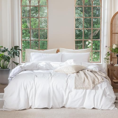 MOOMEE Bedding Duvet Cover Set - 100% Washed Cotton Linen Like Textured Breathable Durable Soft Comfy Bedding Set with Hidden Zipper Closure(Solid Bright White,King Size)