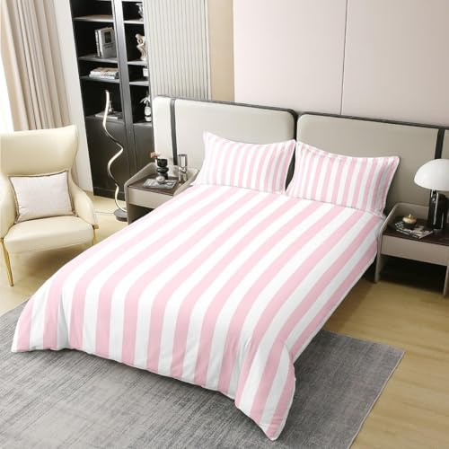 Housse de Couette 220x240 Rayures Roses et Blanches Parure de Lit 2 Personnes Géométriques Imprimée 3D Microfibre Douce Rayures Housse Couette Réversible avec 2 Taies d'oreiller b5056