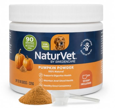 NaturVet Pure Pumpkin Powder for Dogs – 225g 100% Natural, Rich in Prebiotics High-Fibre Digestive Support for Firm Stools & Gut Health – Additive-Free - 90 Servings