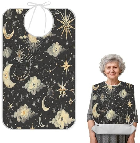 Nander Adult Bibs for Women,Beautiful Sun and Moon Waterproof Reusable Eating Aprons with Crumb Catcher,Machine Washable Clothing Protectors for Seniors,Elderly