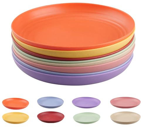 Lot de 8 assiettes en plastique, 23 cm assiettes incassables pour camping | légères et réutilisables, pour pique-nique,lavables au lave-vaisselle, assiettes colorées pour fête, maison, jardin et voyage