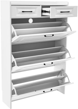 Armoire a Chaussures Flip, Almacenamiento de Zapatos Moderno Blanco, Mueble para Zapatos con Cajones Abatibles Ajustables, Ventilación Anti-polvo, Para Entrada, Salón, Pasillo, 16-20 Pares, Diseño